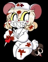 anthro black_eyes blonde_hair blood blush bodily_fluids breasts clothing female fur hair hat headgear headwear hi_res lorna_(terrible_mouse) mammal mouse murid murine nurse nurse_clothing nurse_headwear rat rodent smile solo syringe tail terrible_mouse wafflessenpai white_body white_fur yellow_eyes