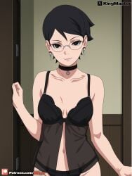 1girls ai_generated alternate_costume black_hair boruto:_two_blue_vortex bra clothed female female_only glasses naruto naruto_(series) sarada_uchiha shounen_jump teenage_girl teenager weekly_shonen_jump