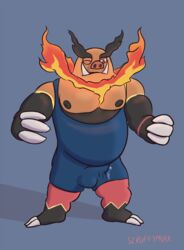 balls belly biceps boar bulge claws clothing emboar fire male male_only mammal muscular nintendo nipples pecs penis pig pokemon porcine precum scruffymusk shirt slightly_chubby snout solo tank_top tusks video_games wet wrestling