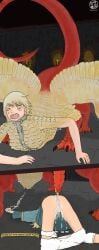absurd_res after_sex ass blonde_hair bodily_fluids bottomwear bottomwear_down chain_leash chains claws clothed clothing clothing_around_one_leg collar cum cum_drip cum_on_butt cum_on_ground cum_on_pussy cum_overflow cum_pool detailed_background dragon dragon_taur dripping dungeon dungeon_meshi duo elf falin_touden feathered_breasts feathered_dragon feathered_dragon_taur feathered_scalie feathered_wings feathers female fingernails front_view futanari genital_fluids genitals gynomorph hair hair_on_floor hakataku_art hi_res holding_leash holding_object humanoid intersex intersex/female intersex_taur leash leashed_collar low-angle_view marcille_donato messy_hair mythological_creature mythological_scalie mythology nails one_eye_closed open_mouth pants pants_down partially_clothed penis perspective rear_view ridged_penis robe scales scalie scroll short_hair size_difference taur text_box toe_claws two_panel_image underwear underwear_around_one_leg underwear_down wings yellow_eyes