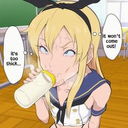 1boy ai_generated baby_bottle blonde_hair blue_eyes blush bottle bustybunz classroom commentary_request cum cum_drinking cum_eating cum_in_mouth cum_swallowing femboy gokkun long_hair sailor_fuku school_uniform semen shimakaze-kun solo stray_pubic_hair sweat sweatdrop tagme thick_cum