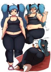 ass bbw belly blue_hair chubby chubby_female fat female gym_clothes hatsune_miku laying_down leggings smelly smoking smoking_cigarette stinky sweat sweating thick thick_ass thick_thighs vocaloid