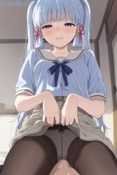 1boy 1boy1girl 1girl 1girl1boy 1girls ai_generated black_pantyhose blue_eyes blue_hair blue_shirt blunt_bangs blunt_tresses blush bow bow_panties breasts clenched_teeth clothes_lift collarbone commentary_request cunnilingus female female/male female_focus genshin_impact grey_skirt hair_ornament hair_ribbon hair_scrunchie indoors kamisato_ayaka lifted_by_self light_blue_hair long_hair looking_at_viewer male male/female male_pov mole mole_under_eye oral panties panties_under_pantyhose pantyhose parted_lips pleated_skirt pov_male ribbon sailor_collar school_uniform scrunchie serafuku shirt short_sleeves sidelocks sitting sitting_on_face sitting_on_person skirt skirt_lift straight teeth thighband_pantyhose tress_ribbon twintails underwear white_panties white_sailor_collar zelanell