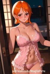 ai_generated babydoll beautiful beauty belly belly_button blush breasts brown_eyes clothing cute dress female female_only lingerie long_hair love maellepetite nami_(one_piece) negligee one_piece orange_hair pajamas panties pose pre-timeskip solo