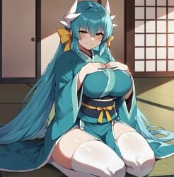 1female 1girls ai_generated ass big_breasts breasts breasts_bigger_than_head bubble_ass bubble_butt clothed clothing dragon_girl fate/grand_order fate_(series) female female female_focus green_hair hands_on_breasts happy head_ornament highres horns huge_ass huge_breasts kimono kiyohime_(fate) kiyohime_(fate/grand_order) large_breasts long_hair looking_at_viewer smiling smiling_at_viewer thick_thighs thighhighs venus_body voluptuous voluptuous_female white_horns wide_hips