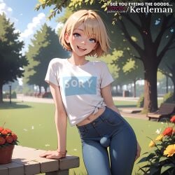 1femboy ai_generated blonde_hair blue_eyes blue_jeans bulge cute femboy feminine feminine_male in_public jeans kettleman leaning male outdoors park petite public sexy short_hair sissy slender_waist slim_waist smile t-shirt trap tshirt twink white_shirt