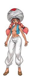 black_background blonde_hair blue_eyes braid breasts cg dark-skinned_female dark_skin female full_body hat hentai_heroes kinkoid long_hair looking_at_viewer medium_breasts midriff navel no_bra official_art open_mouth pants parody pink_hair red_hair shirt shoes simple_background small_breasts smile solo standing the_housemaid_(hentai_heroes) topless transparent_background turban twin_braids twintails vest white_pants