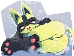 2025 3_fingers 3_toes after_sex anthro anus ass biped blush bodily_fluids censored censored_genitalia censored_pussy cum cum_from_pussy cum_in_pussy cum_inside digital_media_(artwork) feet female fingers fur generation_4_pokemon genital_fluids genitals leaking_cum leaking_pussy lolobot looking_at_viewer lucario lying nintendo on_side open_mouth orange_eyes pawpads paws pokemon pokemon_(species) pussy rear_view shiny_pokemon simple_background solo tail teeth toes tongue tongue_out white_background yellow_body yellow_fur yellow_tail
