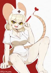 absurd_res alice_yagami anthro black_eyes blonde_hair blood blush bodily_fluids breasts clothing female fur hair hat headgear headwear hi_res lorna_(terrible_mouse) mammal mouse murid murine nails nurse nurse_clothing nurse_headwear rat rodent smile solo tagme tail terrible_mouse white_body white_fur yellow_eyes