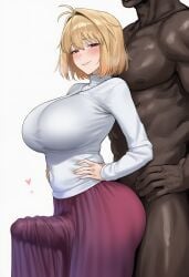 1boy 1boy1girl 1girl1boy 1girls ai ai_generated arcueid_brunestud blonde_hair cock curvaceous curvy curvy_body curvy_female curvy_figure dark-skinned_male dark_skin fate_(series) female from_side head_out_of_frame hidden_penis huge_breasts huge_cock looking_at_viewer muscular_male necklace netorare ntr penis penis_under_clothes penis_under_skirt red_eyes shikicum69 short_hair simple_background skirt smile smiling_at_viewer smirk spoken_heart sweater thick thick_thighs tsukihime type-moon white_background wide_hips