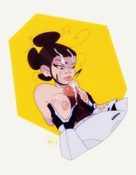 1boy 1girls breasts brown_hair cum cum_in_hair cum_on_body cum_on_breasts cum_on_face dark-skinned_male dark_skin duck4_lunch duck4lunch female female_focus finn_(star_wars) light-skinned_female light_skin lucasfilm male paizuri rey