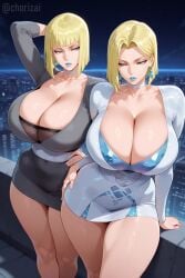 2girls ai_generated bangs bewitching_thighs big_breasts blonde_female blonde_hair blue_eyes blue_lipstick blunt_bangs bob_cut breasts breasts_bigger_than_head chorizai city cleavage earrings emma_frost emma_frost_(marvel_rivals) female female_only fishnets kunoichi large_breasts light-skinned_female light_skin lipstick marvel marvel_comics marvel_rivals massive_breasts miniskirt naruto naruto_(series) naruto_shippuden night night_sky ninja rooftop samui sfw short_hair shorts skirt sky thick thick_thighs thighs tight_clothes tight_clothing