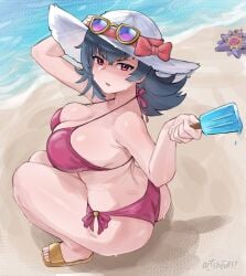 1girls artsheops ass beach big_breasts bikini blue_hair breasts clothing feet female female_only gym_leader hat pokemon pokemon_hgss red_eyes sabrina_(pokemon) starmie sweat tagme thick_thighs