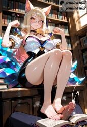 1boy 1girl 1girls ahri ahri_(league_of_legends) ai_generated animal_ear_fluff animal_ears ashikoki balls bangs bare_shoulders barefoot black_choker blonde_hair blush book bookshelf breasts chair choker cleavage closed_mouth clothing crystal cum desk dress ejaculation erection eyewear facial_mark feet female footjob fox_ears fox_tail genital_fluids glasses heart indoors jennieart02 jewelry k/da_(league_of_legends) k/da_ahri k/da_all_out_ahri k/da_all_out_series k/da_series large_breasts league_of_legends legs lips long_hair male multicolored_hair nipples nude original patreon patreon_logo patreon_username penis projectile_cum riot_games round_eyewear semen shirt sitting skirt slit_pupils smile soles solo_focus straight sweat tail testicles thighs toenails toes twitter twitter_username two-footed_footjob watermark whisker_markings window yellow_eyes