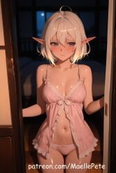 ai_generated beautiful beauty belly belly_button blush breasts cute dress elf female female_only long_hair love maellepetite negligee original pajamas panties pose solo white white_hair