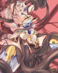 absurdres ahe_gao animal_ears blush breasts consensual_tentacles erun_(granblue_fantasy) female glo-s-s granblue_fantasy grey_hair happy_sex heles highres large_breasts long_hair monster nipples object_insertion open_mouth pubic_hair puffy_nipples pussy pussy_juice restrained saliva sex shiny shiny_skin skindentation slime smile solo spread_legs suspension sweat tentacle tentacles_under_clothes tongue torn_clothes vaginal_object_insertion vaginal_penetration white_hair