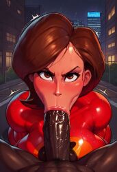 1boy 1girls :>= ai_generated angry angry_fellatio big_breasts big_penis blowjob blowjob_face blush breasts brown_hair city civitai dark-skinned_male eye_contact fellatio female fully_clothed_female glaring helen_parr interracial light-skinned_female male male/female mature_female milf night outdoors penis pov raining short_hair tagme the_incredibles totallynotafurry789 wet
