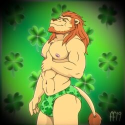 1:1 2019 5_fingers anthro beard biped brown_nose bulge closed_eyes closed_smile clothed clothing clover_(plant) clover_leaf clover_print detailed_bulge digital_media_(artwork) eyebrows fabfelipe facial_hair felid fingers four_leaf_clover fur green_clothing green_speedo green_swimwear hair hand_on_chest hand_on_own_chest hi_res holidays leaf lion male mammal mouth_closed muscular muscular_anthro muscular_male navel nipples pantherine pink_nipples plant smile solo speedo speedo_only st._patrick's_day swimwear tail tail_tuft topless topless_anthro topless_male tuft yellow_body yellow_fur