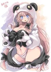 :o ass_visible_through_thighs blush cleavage collarbone cute dated hood_up huge_ass huge_breasts onesie open_mouth panda_onesie pink_hair shawl signature thick_thighs thighhighs wide_hips
