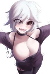1girls black_choker black_collar black_thighhighs brawl_stars breasts brown_eyes choker cleavage colette_(brawl_stars) collar female freckles freckles_on_face large_breasts long_hair naxless open_mouth sharp_teeth simple_background solo solo_female solo_focus thighhighs tongue translation_request white_background white_hair