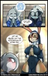 absurd_res anthro biped black_nose blush brown_body brown_fur brown_hair closed_eyes clothed clothing comic conversion_therapy dialogue duo english_text eyebrows eyelashes female fingers fur gay_to_straight green_eyes grey_body grey_fur hair hi_res jay-r lagomorph leporid male male/female mammal nun_outfit orientation_play praying pupils rabbit sexuality_change speech_bubble standing teeth text third-party_edit url