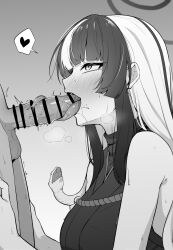 1boy azami_(blue_archive) balls bar_censor bare_arms bare_shoulders blue_archive blunt_bangs blush breasts censored clothed_female_nude_male clothed_sex commentary fellatio female forked_tongue from_side gradient_background grey_background greyscale halo heart heavy_breathing highres japanese_clothes kimono large_breasts long_hair long_tongue looking_at_another looking_up male monochrome multicolored_hair nose_blush nude oerba_yun_fang open_mouth oral penis profile saliva shirt sidelocks sleeveless sleeveless_kimono snake snake_hair solo_focus speech_bubble spoken_heart straight sweat tennen_inari testicles tongue tongue_out tongue_out_blowjob tonguejob twitching_penis two-tone_hair upper_body