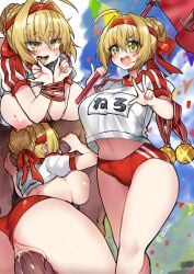 3boys :d ahe_gao anus anus_peek ass back blonde_hair blush bondage bound bound_wrists breasts buruma buruma_aside cleavage clothed_sex clothing_aside cloud commentary_request confetti day doggy_style fate/extra fate/grand_order fate_(series) fellatio female flag gold_medal green_eyes group_sex gym_uniform hair_intakes handjob headband heart heart-shaped_pupils huge_breasts looking_at_viewer male medal midriff multiple_boys nero_claudius_(fate) nero_claudius_(olympian_bloomers)_(fate) nipples no_bra official_alternate_costume open_mouth oral osiimi outdoors penis revision rolling_eyes saliva sex sex_from_behind sideboob smile solo_focus straight sweat symbol-shaped_pupils tears teeth tongue tongue_out uncensored vaginal_penetration w