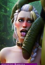 1boy 1girls absurdly_large_cock ai_generated aigenerated azataai cock_worship day female flaccid flaccid_penis forest horde_(warcraft) human human_(warcraft) human_female imminent_oral in_love_with_cock interspecies jaina_proudmoore light-skinned_female light_skin looking_up male male/female mature_female milf open_mouth orc orc_(warcraft) orc_male outdoors penis precum_drip tongue_out world_of_warcraft