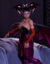 3d big_breasts bulge bulge_through_clothing choker clove_(valorant) cosplay exposed_nipples freckles futa_only futanari horns intersex manufatura morrigan_aensland_(cosplay) self_upload short_hair valorant