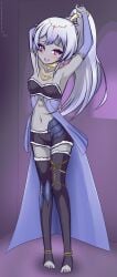 arms_up blush blushing_at_viewer blushing_female breasts busujimabibi clothed drow elf elf_ears elf_female elf_girl exposed_toes female grey_body grey_skin indie_virtual_youtuber indie_vtuber jewelry looking_at_viewer nioartist pointed_ears pointy_ears ponytail purple_eyes small_breasts virtual_youtuber vtuber vtuberfanart white_hair
