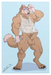 abs armpits biceps canine clothing juano male mammal muscular penis shirt sweat water_bottle wet_shirt wolf yaoi zabivaka