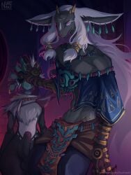 2025 anthro big_ears blue_eyes cheating cheating_husband clothed clothing corruption duo ear_piercing erection foreskin genitals hair hi_res horn humanoid_genitalia humanoid_penis imminent_sex jewelry long_hair looking_at_viewer male male/male mammal mask midriff nintendo nurinaki penis piercing rauru_(tears_of_the_kingdom) slim_anthro slim_male smile tears_of_the_kingdom the_legend_of_zelda uncircumcised white_hair wide_hips zonai