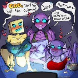 3girls artist_signature barefoot blush blushing_female chips_(food) cube_humanoid demon demon_girl demon_horns demon_tail easy_demon eating eating_food english_text eyelashes feet female female_only food geometry_dash heart medium_demon pillow pusab_font robtop robtop_(character) robtopgames rule63 rule_63 sleepytoadst00l speech_bubble text text_on_clothing text_on_shirt text_on_topwear tv watching_tv
