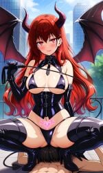 1boy ai_generated bangs bare_shoulders bat_wings bikini black_bikini black_footwear black_gloves black_legwear black_swimsuit black_thighhighs blush boots breasts cleavage clothing corset cowgirl_position day demon_girl demon_horns demon_tail demon_wings earrings elbow_gloves female female femdom footwear gloves hair_ornament heart high_heel_boots high_heels holding horns jewelry large_breasts latex latex_gloves latex_legwear legwear long_hair looking_at_viewer male navel original outdoors pubic_tattoo red_eyes red_hair shoes sitting sitting_on_face sitting_on_person sky smile solo_focus spread_legs squatting straight succubus swimsuit symbol-shaped_pupils tail tattoo thigh_boots thighhighs thighs wings