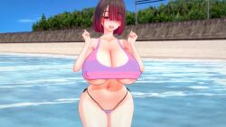 bete_noire betty_noire big_breasts big_breasts bikini bra brown_hair glitchtale koikatsu_(medium) open_mouth panties pink_bra purple_bra purple_panties red_eyes red_hair short_hair sky smile smiling trees visible_nipples water