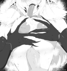 1boy 1girls areolae artist_name black_and_white breasts censored censored_penis female indie_virtual_youtuber inverted_nipples juniper_(egocider) juniper_actias large_breasts licking licking_breast licking_own_breast long_tongue male monochrome mosaic_censoring moth moth_girl moth_humanoid nipples open_mouth outercourse paizuri partial_male penis penis_between_breasts pointy_ears sharp_teeth teeth tongue tongue_out unseen_male_face upper_teeth upper_teeth_only virtual_youtuber vivi_co