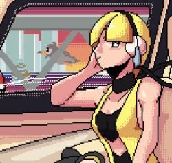 animated bouncing_breasts elesa_(pokemon) froll pixel_art pokemon small_breasts smiling starly vehicle