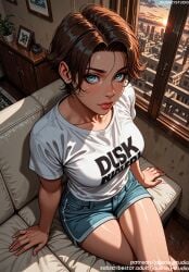 ai_generated bangs bed blue_eyes blue_shorts blush breasts brown_hair castlevania castlevania_(netflix) cityscape clothes_writing clothing cloud couch crossed_legs curtains day denim denim_shorts english_text female female female_only freckles from_above furniture indoors jousneystudio large_breasts lips looking_at_viewer medium_breasts meme_attire nose on_bed on_couch original parted_bangs parted_lips photo_(object) pillow plant potted_plant shirt short_hair short_shorts short_sleeves shorts sitting sky smile solo sunlight sunset sypha_belnades t-shirt taut_clothes text thighs white_shirt window