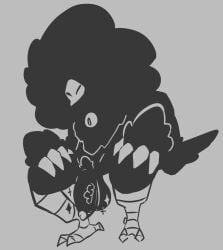 anthro asian_mythology avian avian_feet balls big_penis bird black_body black_feathers black_fur claws corvid corvus_(genus) crouching crow east_asian_mythology eyeball feathers feet flaccid fur genitals hands_on_knees hands_on_legs hi_res humanoid japanese_mythology komokuu male monochrome monotone_body mythology oscine passerine penis poundfulpanda pubes small_head solo sparkles talons toes vein yokai