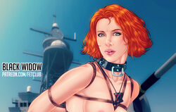 1girls actress artist_name avengers bdsm black_widow_(marvel) bondage breasts celebrity character_name cropped english english_text eromaxi female female_only large_breasts marvel marvel_comics natasha_romanoff necklace orange_hair scarlett_johansson short_hair solo tagme text web_address