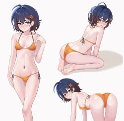 absurdres adorable ahoge anus ass barefoot belle_(zenless_zone_zero) bikini black_hair breasts completely_nude cute feet feet_out_of_frame female gradient_hair green_eyes hair_ornament hairclip highres legs letter_hair_ornament looking_at_viewer looking_back multicolored_hair multiple_views naked nipples nude orange_bikini pussy reign_(riyomii) short_hair simple_background sitting small_breasts soles toes wariza white_background zenless_zone_zero