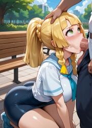 age_difference ai_generated arched_back balls_deep blonde_hair blowjob cum_in_mouth deepthroat fellatio forced_deepthroat forced_fellatio forced_oral hand_on_head kneeling large_ass lillie_(pokemon) looking_at_partner looking_up oral orgasm outdoors outside park park_bench pokemon pokemon_professor ponytail pushing_head school_uniform schoolgirl schoolgirl_uniform skirt slutty_face submissive sucking_penis thick_ass thick_thighs