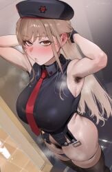 absurdres armpit_hair arms_up beret black_gloves black_hat black_panties black_shirt black_thighhighs blush breasts brown_hair commentary covered_nipples female female_pubic_hair gloves goddess_of_victory:_nikke hat highres indoors large_breasts long_hair looking_at_viewer necktie panties panty_pull pubic_hair rapi_(nikke) red_eyes red_necktie shirt sleeveless sleeveless_shirt sohn_woohyoung solo symbol-only_commentary thighhighs thighs underwear