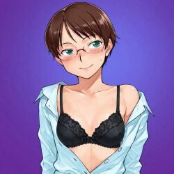 ai_generated bedroom_eyes black_bra blush femboy feminine_male girly glasses hinemosu hinemosu_notari_style light_skinned_femboy looking_back male office office_lady office_lady_outfit otoko_no_ko smile style unbuttoned