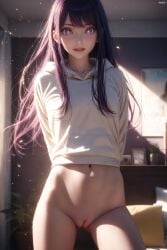1girls ai_generated alexxwhite arms_behind_back bangs blurry_background bottomless bottomless_female cleft_of_venus female female_focus female_only hands_behind_back high_resolution highres hood hood_down hoodie hoshino_ai indoors light_particles long_hair long_sleeves navel oshi_no_ko parted_lips purple_eyes purple_hair pussy solo solo_female solo_focus stable_diffusion standing star-shaped_pupils stomach teeth thighs vagina white_hoodie