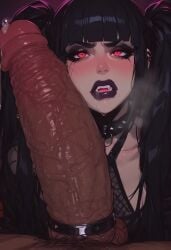 absurdly_large_cock ai_generated annoyed bimbo black_hair black_lipstick blunt_bangs breasts choker cleavage cock_ring cock_slap collar cum cumslut_collar dark-skinned_male female gigantic_penis goth heavy_breathing huge_breasts huge_cock imminent_sex impossible_fit impossible_penis_size large_penis latex leather leggings makeup mascara nervous nervous_sweat penis_bigger_than_head penis_on_cheek penis_on_face penis_pressed_against_face penis_slap penis_slapping_face pobodyznerf precum red_eyes sitting size_difference steam straddling tagme thick_eyelashes thick_thighs thigh_sex tight_clothing twintails underboob vampire vampire_girl veiny_penis wide_hips