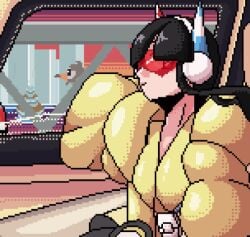 animated bouncing_breasts elesa_(pokemon) froll pixel_art pokemon small_breasts smiling starly vehicle