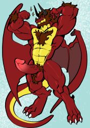 anthro chest_hair chest_tuft claws dragon flexing furry hair horn male male_only mane muscles muscular muscular_male pubes pubic_hair red_body reptile scalie solo solo_focus solo_male tail trencalos tuft wings
