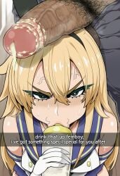 1boy ai_generated baby_bottle blonde_hair blush bottle bustybunz commentary_request cum cum_drinking cum_eating cum_in_mouth cum_on_head cum_swallowing eyeliner femboy furrowed_brows gloves gokkun green_eyes large_penis long_hair penis penis_on_head sailor_fuku school_uniform semen shimakaze-kun smegma snapchat solo stray_pubic_hair sweat sweatdrop tagme thick_cum white_gloves