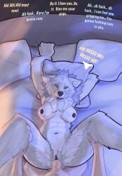 absurd_res ambiguous_fluids anthro areola balls bed black_areola black_nipples black_pussy bodily_fluids breasts breeding_request candlelight canid canine canis clitoris dialogue duo ears_back ears_down english_text eye_contact female female_anthro/male_human female_focus female_on_human female_penetrated first_person_view fur furniture genital_fluids genitals grey_body grey_fur hi_res human human_male_on_anthro_female human_on_anthro impregnation_request interspecies intimate kara kara_(softuftos) light looking_at_another male male/female male_human/female_anthro male_on_anthro mammal moonlight mythological_canine mythological_creature mythology nipples penetration pivoted_ears profanity pussy romantic sex softuftos spread_legs spreading text vaginal_penetration werecanid werecanine werecreature werewolf wolf